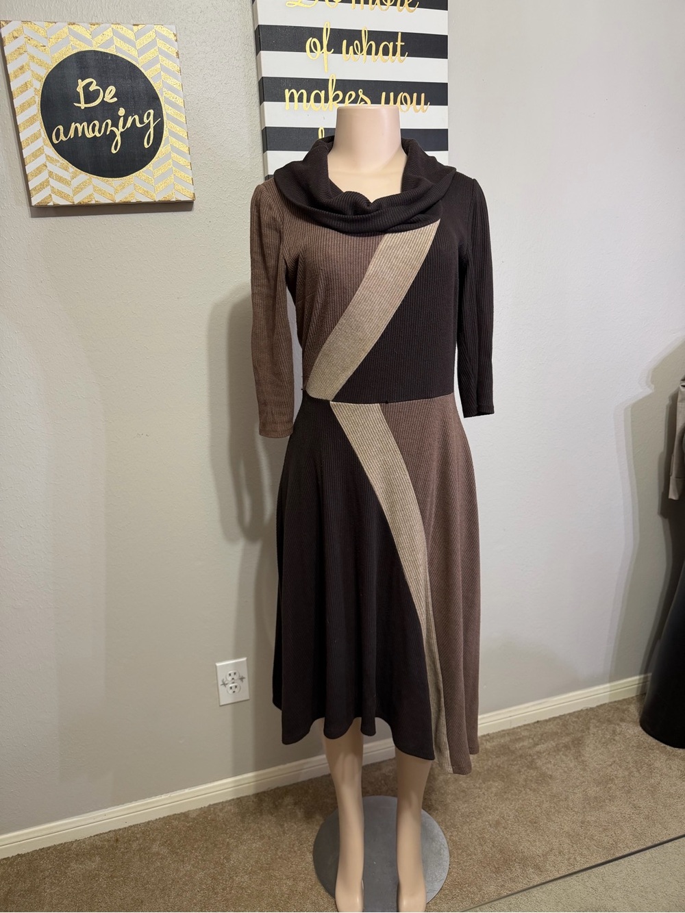 Robbie Bee Brown, Black and Cream Paneled Cowl Neck Midi Dress